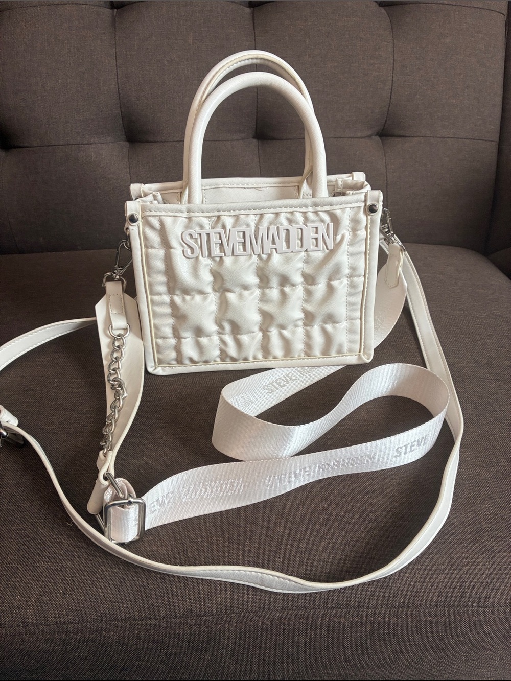 Steve Madden Cream Quilted Mini Crossbody Tote